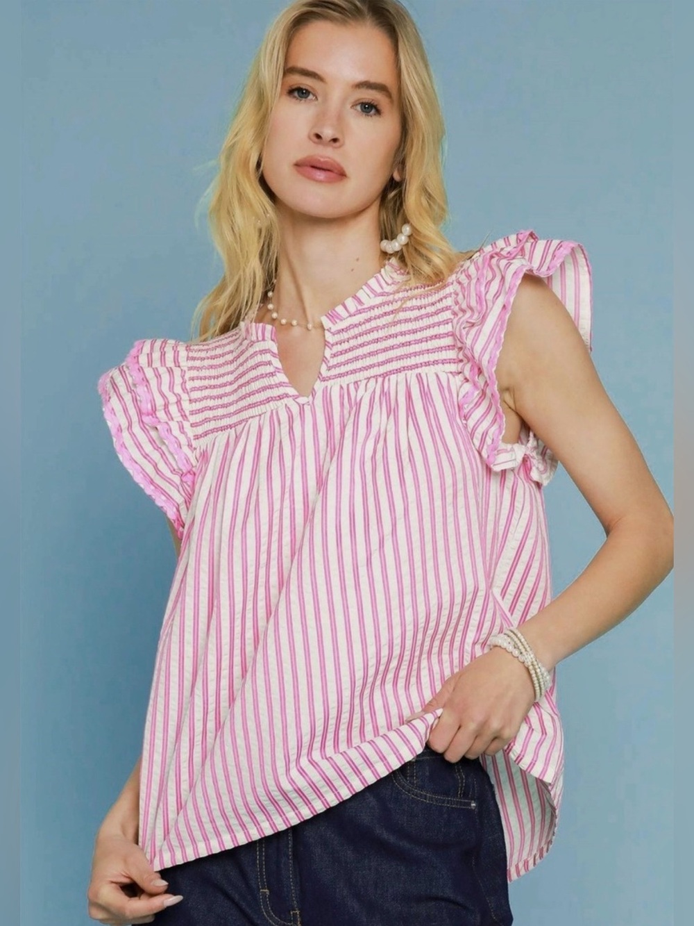 Umgee Pink Striped Top Smocked Yoke Flutter Sleeves Ric Rac Trim 2X Cottagecore